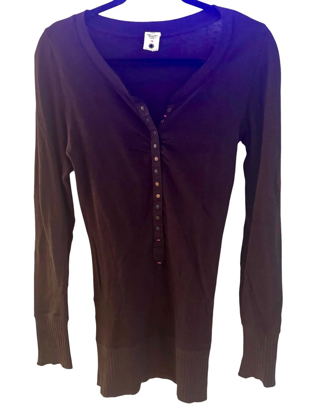 Free People Brown Cotton Henley Top Long Sleeve Snap Front Lightweight Size M